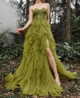 Lace Bodice Tulle Split Ruffle Layered Hem Prom Dress
